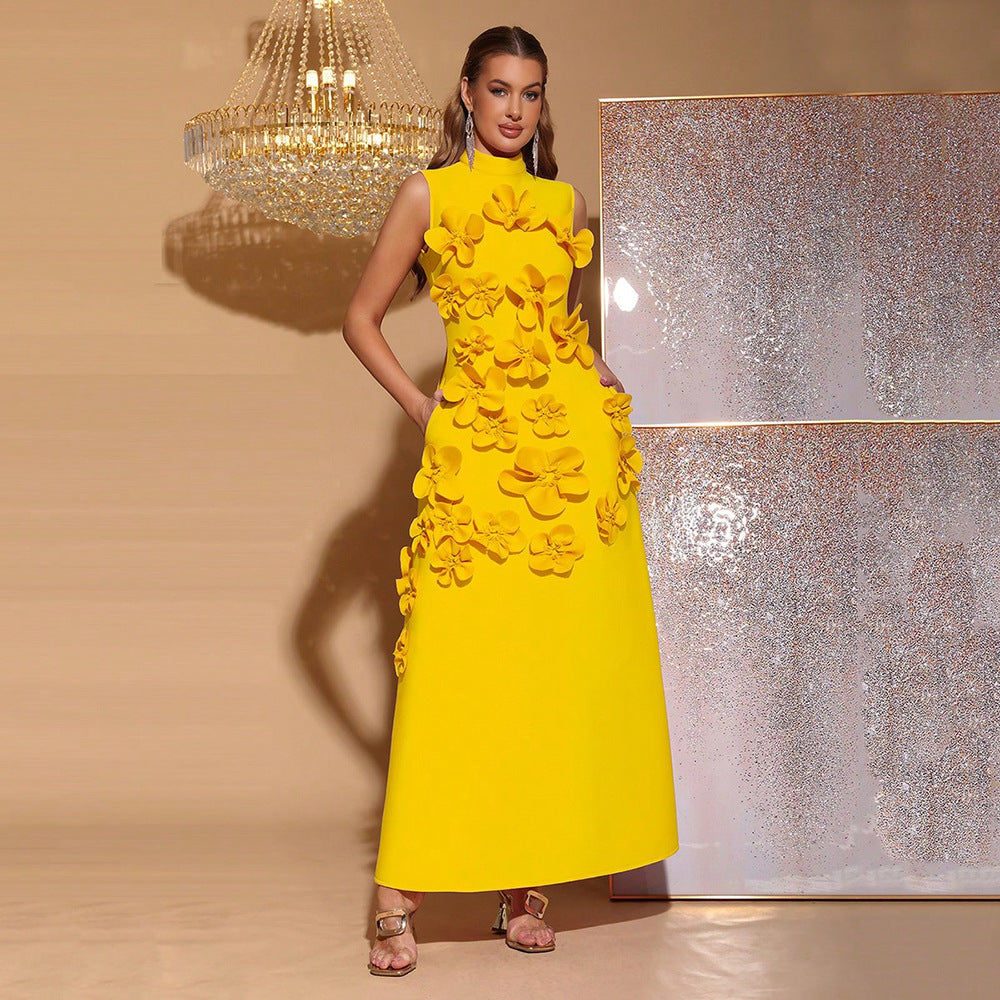 VVZ French-Style 3D Floral A-Line Maxi Dress