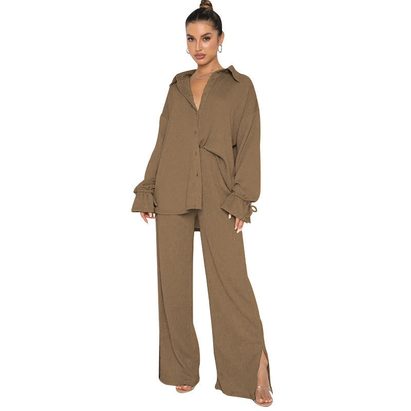 VVZ Women's Solid-Color Collared Button-Down Shirt and Slit-Hem Trousers Set