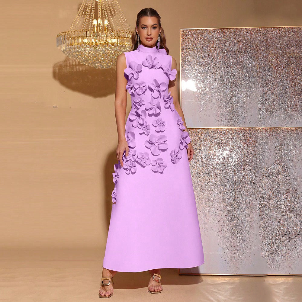 VVZ French-Style 3D Floral A-Line Maxi Dress