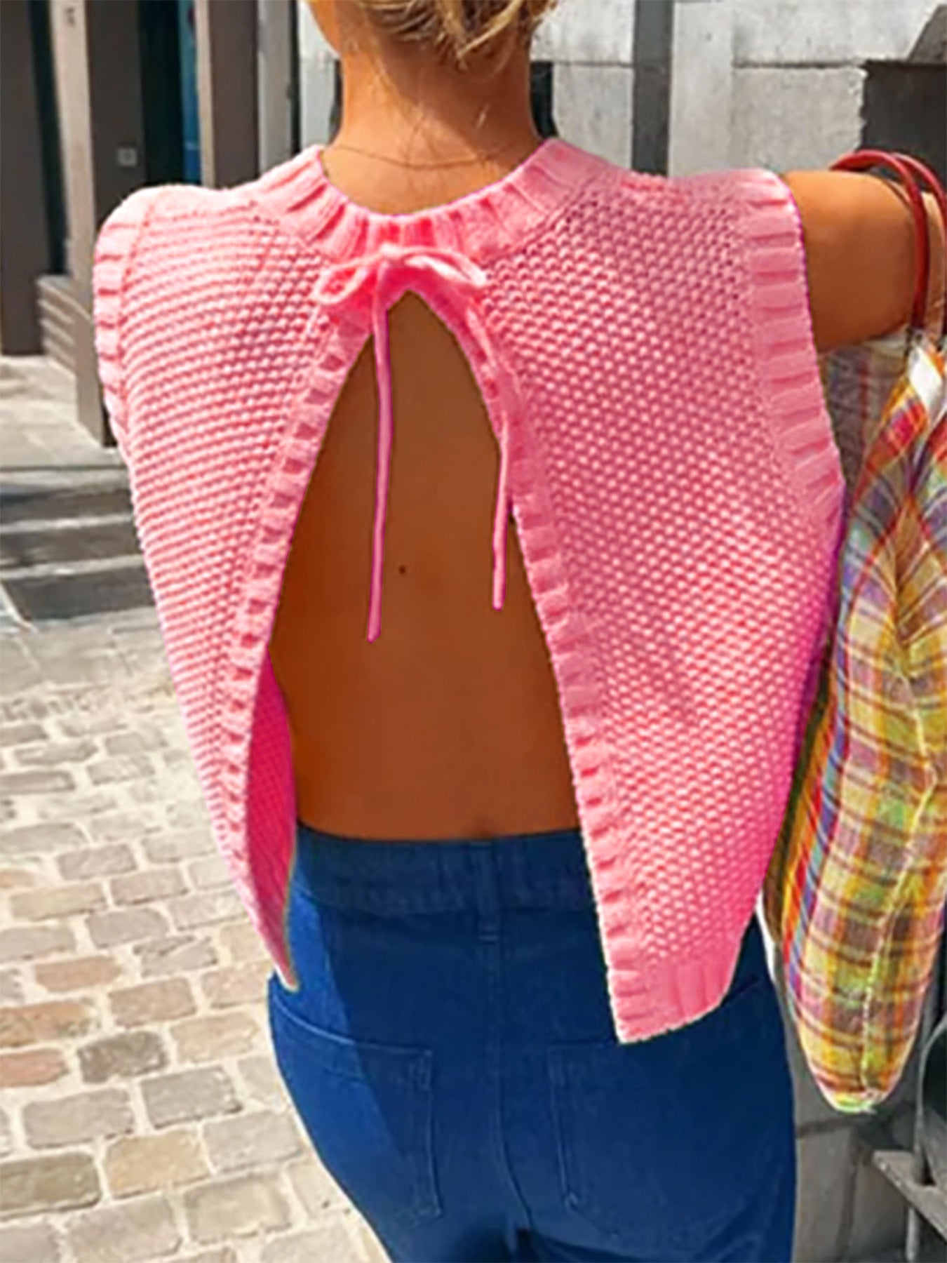 VVZ Women's Solid-Color Sweater Vest with Back Slit and Tie Detail