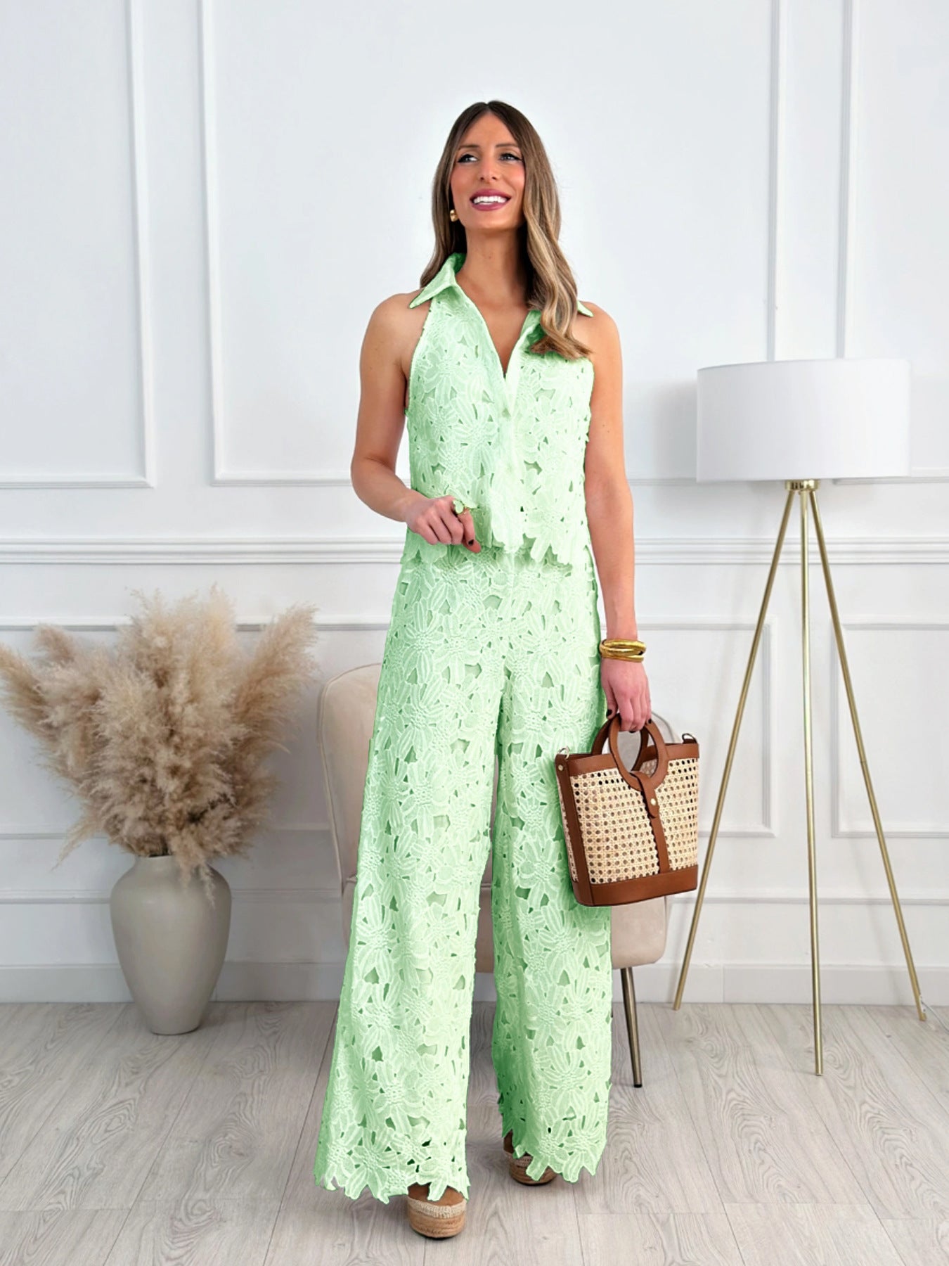 VVZ V-Neck Vest Top and Wide-Leg Straight-Cut Trousers