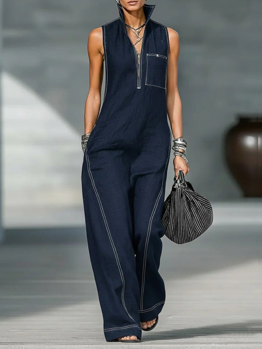 VVZ Women's Stand-Collar Sleeveless Loose-Fit Casual Jumpsuit