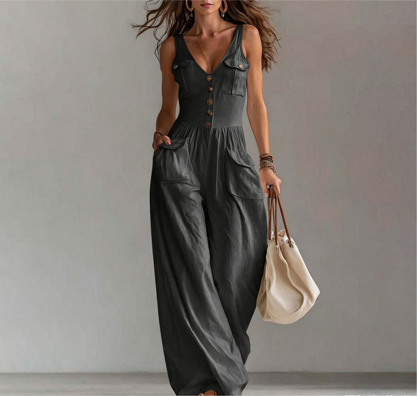 VVZ Women's Solid-Color Sleeveless Jumpsuit