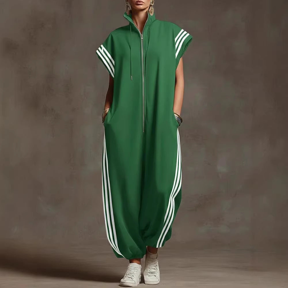 VVZ Stylish Color-Block Striped Jumpsuit with Zip-Up Stand Collar