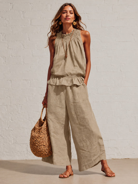 VVZ Women's Summer Solid-Color Casual Cotton-Linen Sleeveless Top and Trousers
