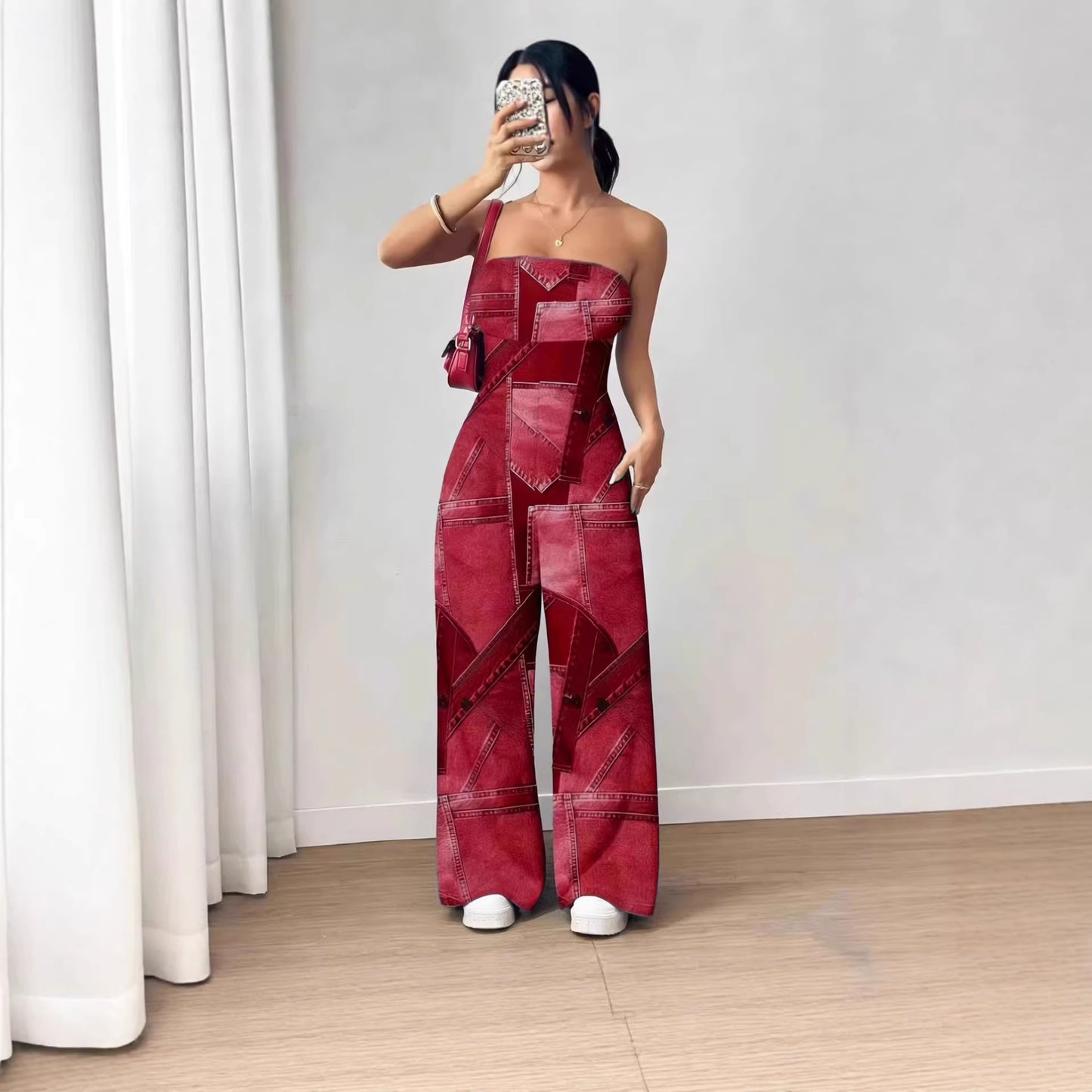 VVZ Trendy Faux-Denim Print Jumpsuit