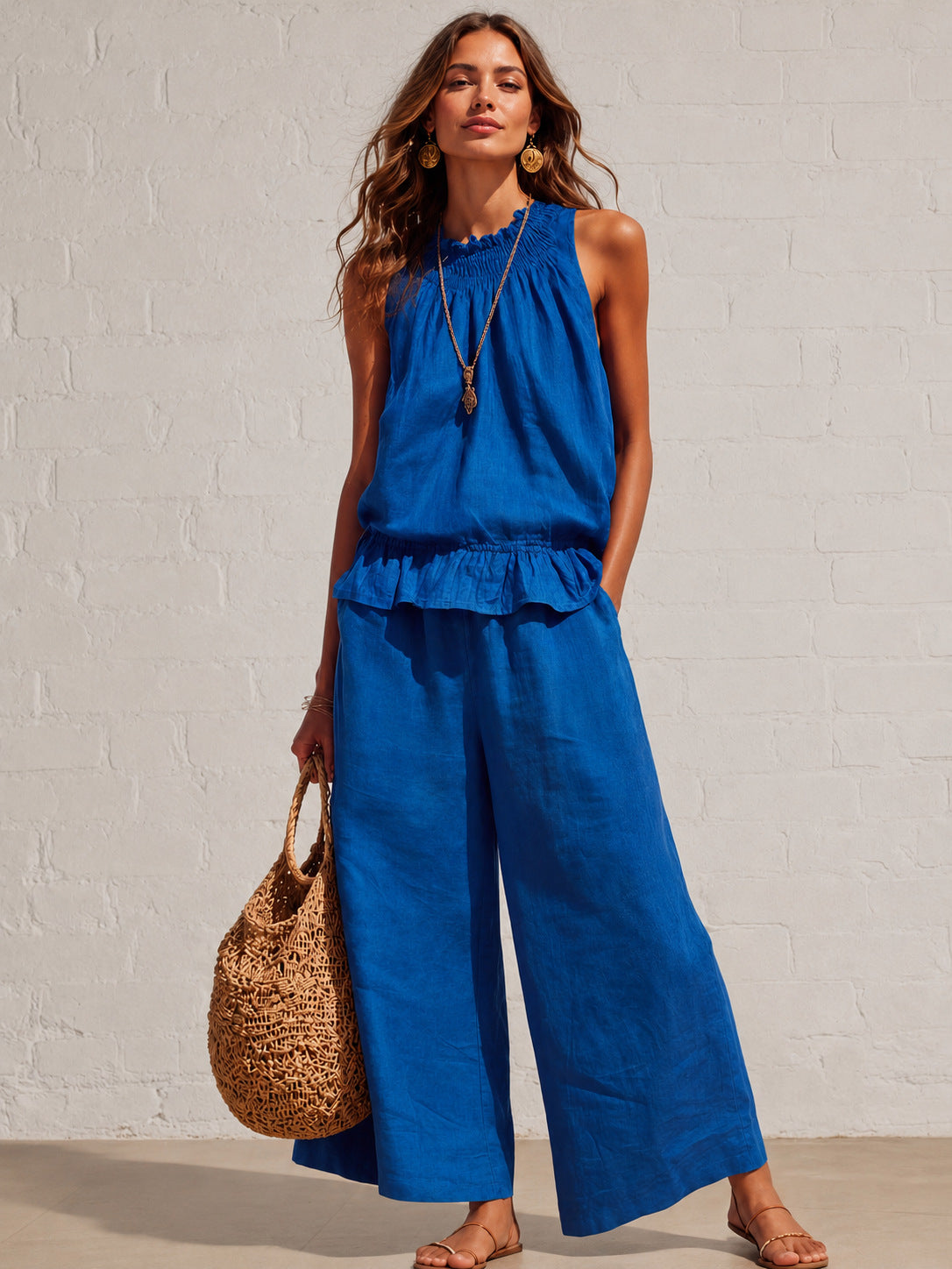 VVZ Women's Summer Solid-Color Casual Cotton-Linen Sleeveless Top and Trousers