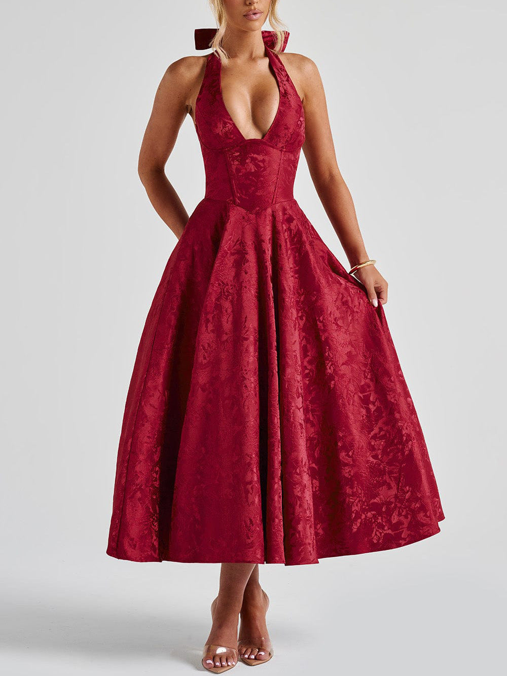 VVZ V-Neck Halter Jacquard Dress