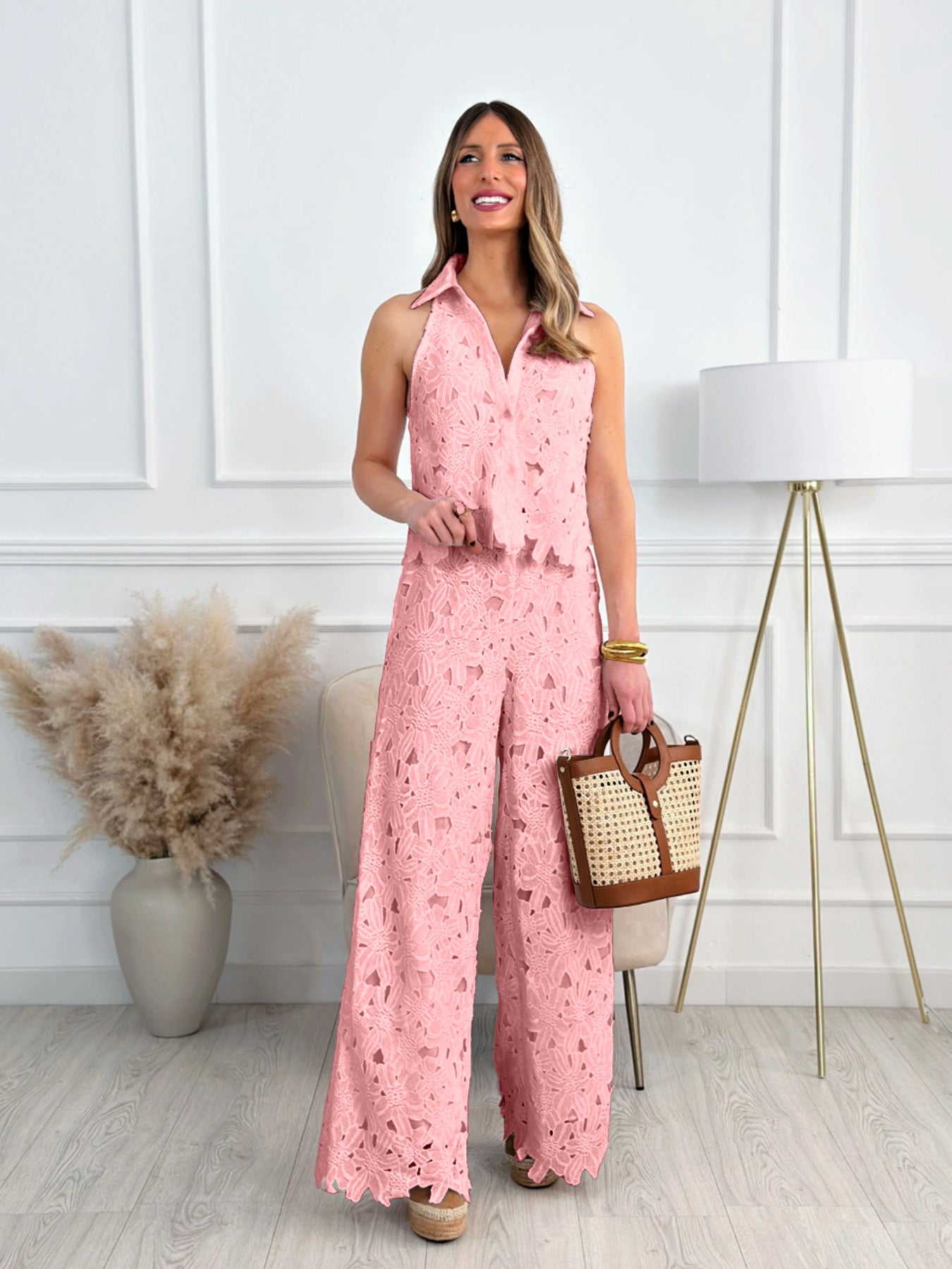 VVZ V-Neck Vest Top and Wide-Leg Straight-Cut Trousers