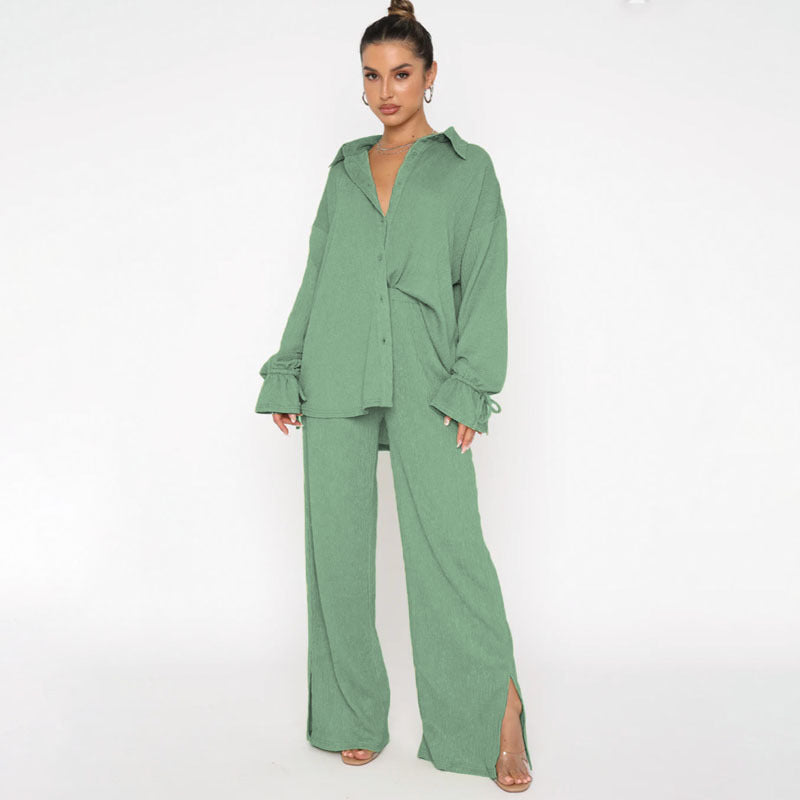 VVZ Women's Solid-Color Collared Button-Down Shirt and Slit-Hem Trousers Set