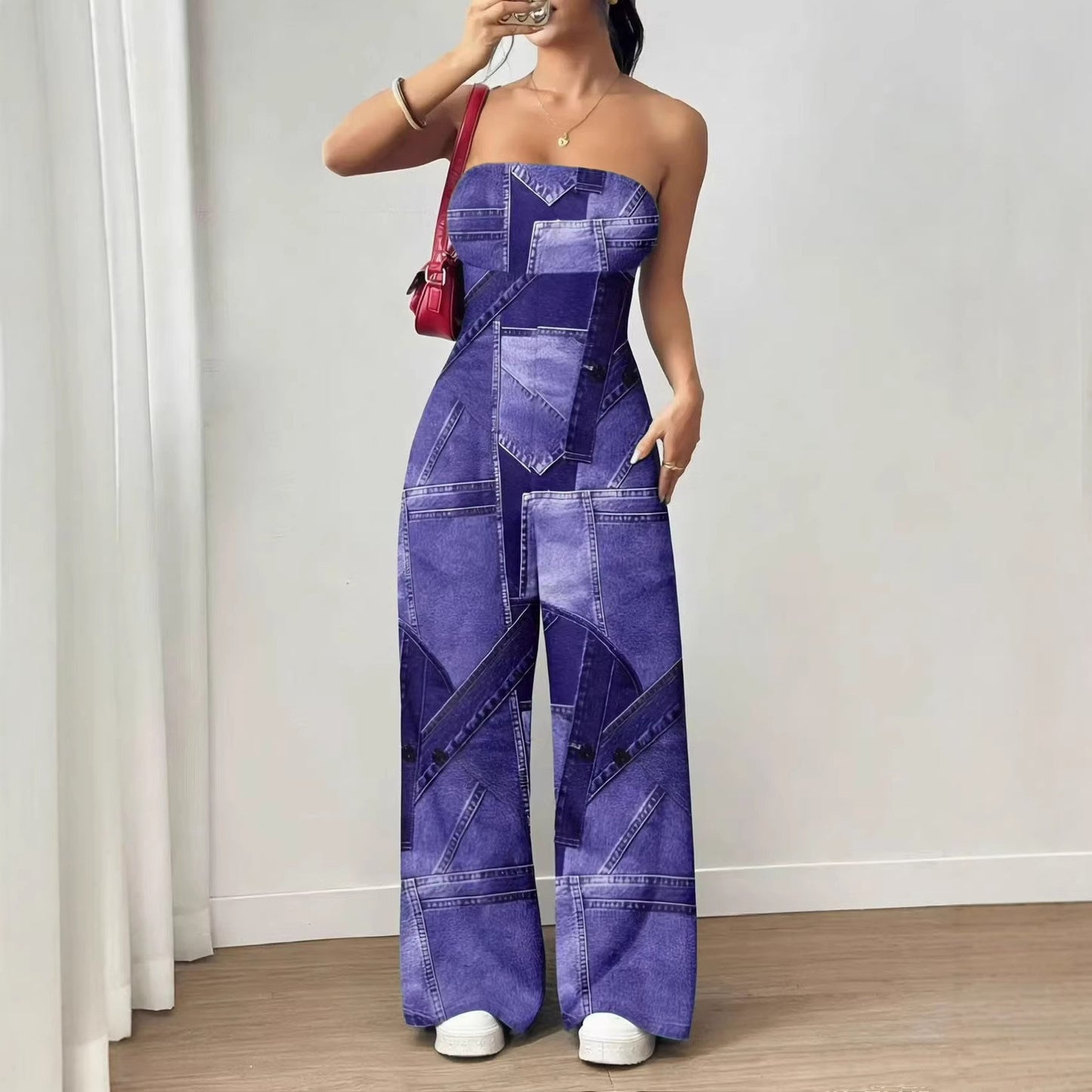 VVZ Trendy Faux-Denim Print Jumpsuit