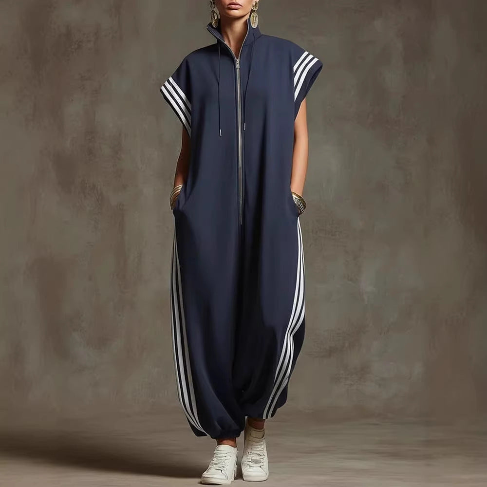 VVZ Stylish Color-Block Striped Jumpsuit with Zip-Up Stand Collar