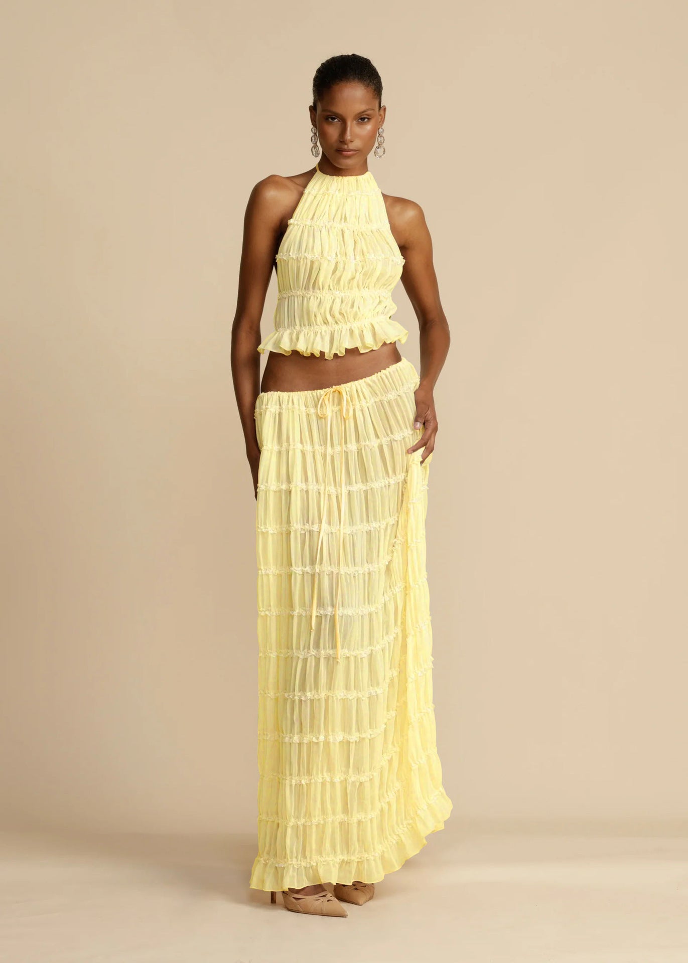 VVZ Sleeveless Ruched Halter Top and Long Skirt