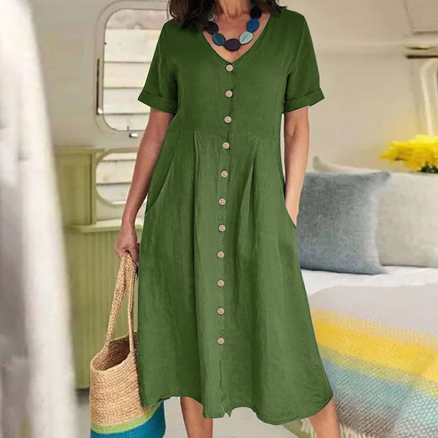 VVZ Women's Mid-Length Cotton-Linen Dress