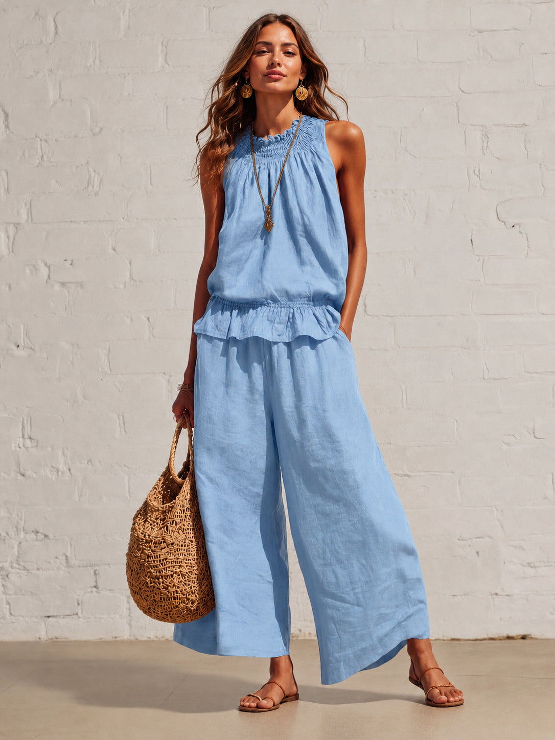 VVZ Women's Summer Solid-Color Casual Cotton-Linen Sleeveless Top and Trousers