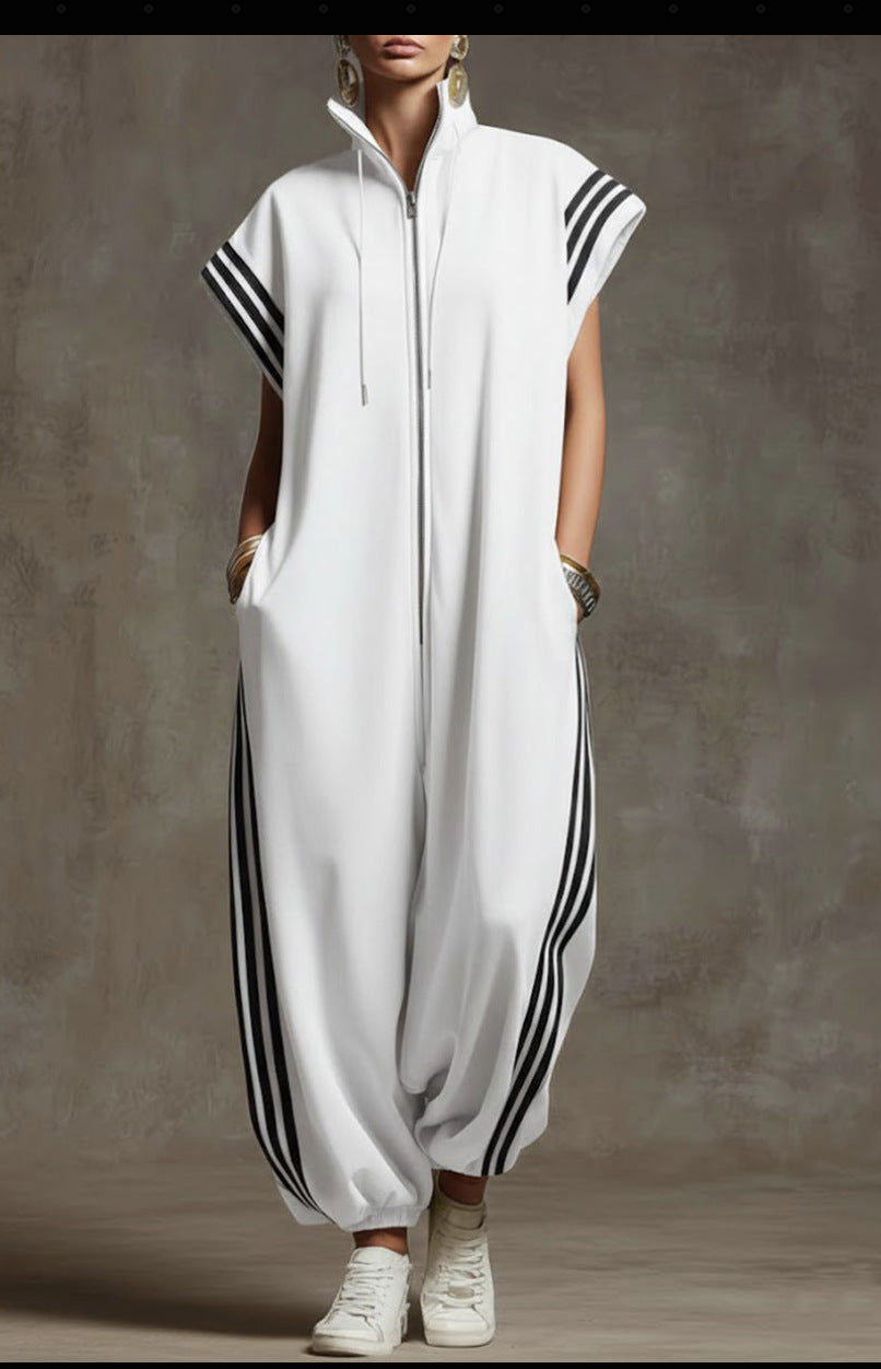 VVZ Stylish Color-Block Striped Jumpsuit with Zip-Up Stand Collar