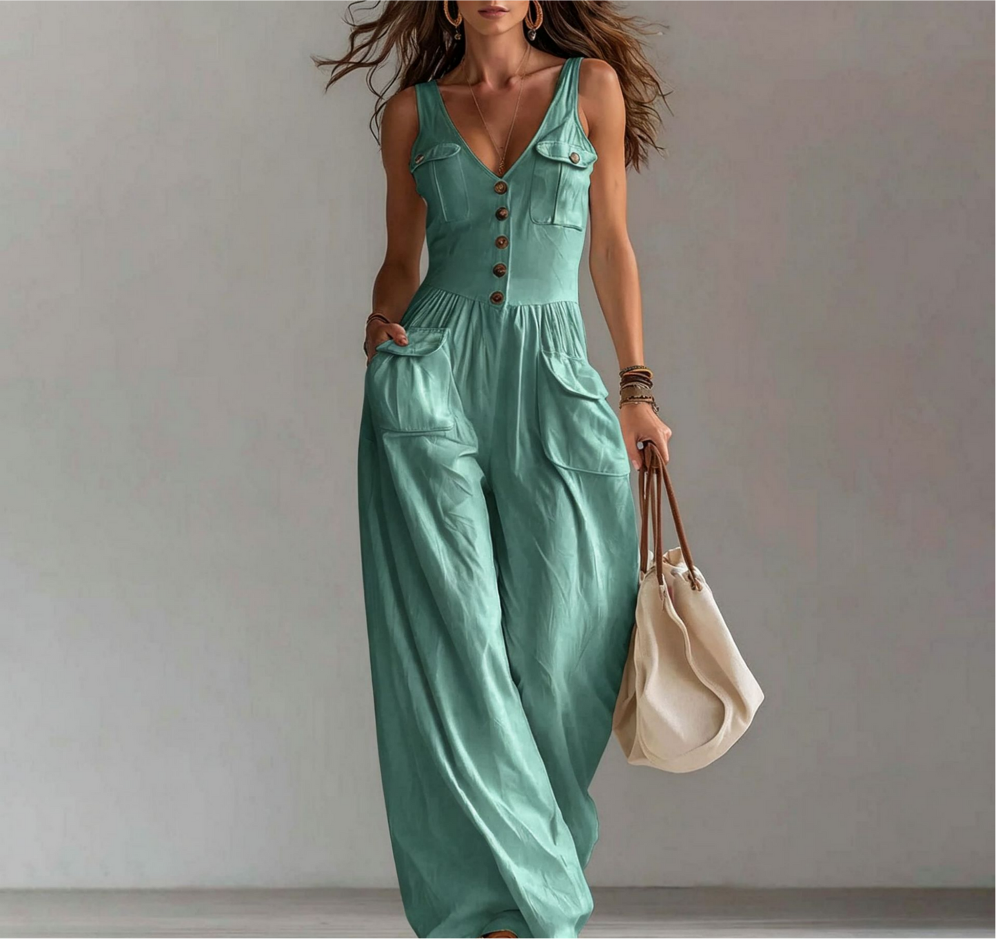 VVZ Women's Solid-Color Sleeveless Jumpsuit