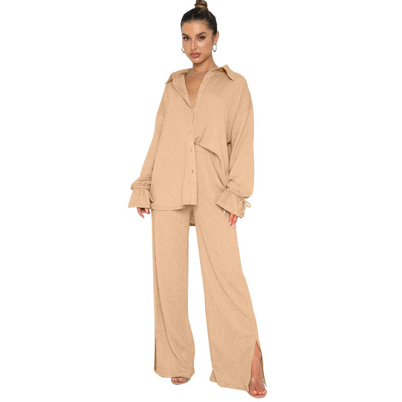 VVZ Women's Solid-Color Collared Button-Down Shirt and Slit-Hem Trousers Set