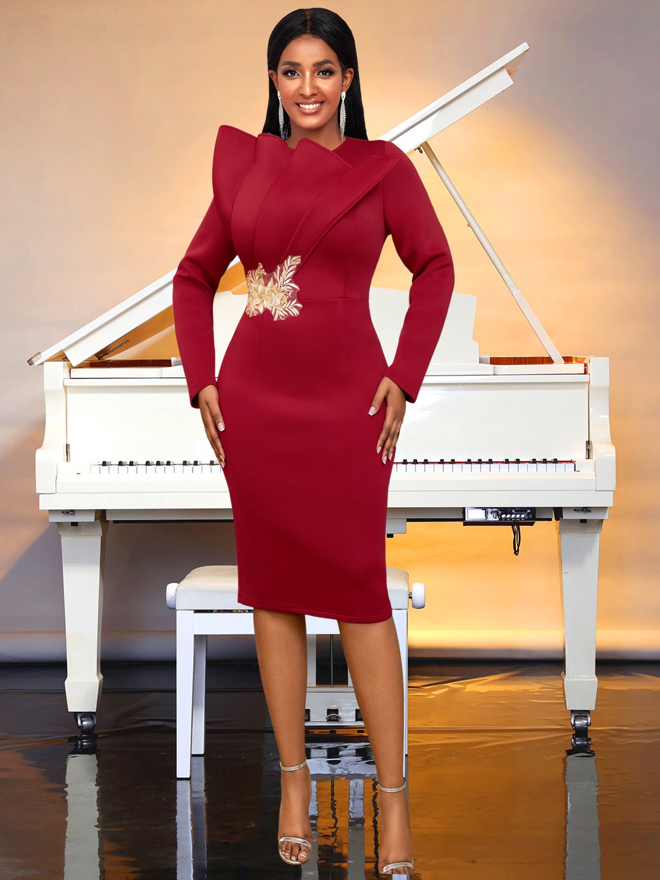 VVZ Plus-Size Fashion Embroidered Long-Sleeve Party Dress