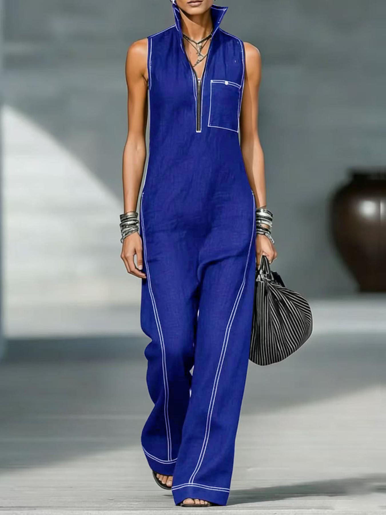 VVZ Women's Stand-Collar Sleeveless Loose-Fit Casual Jumpsuit