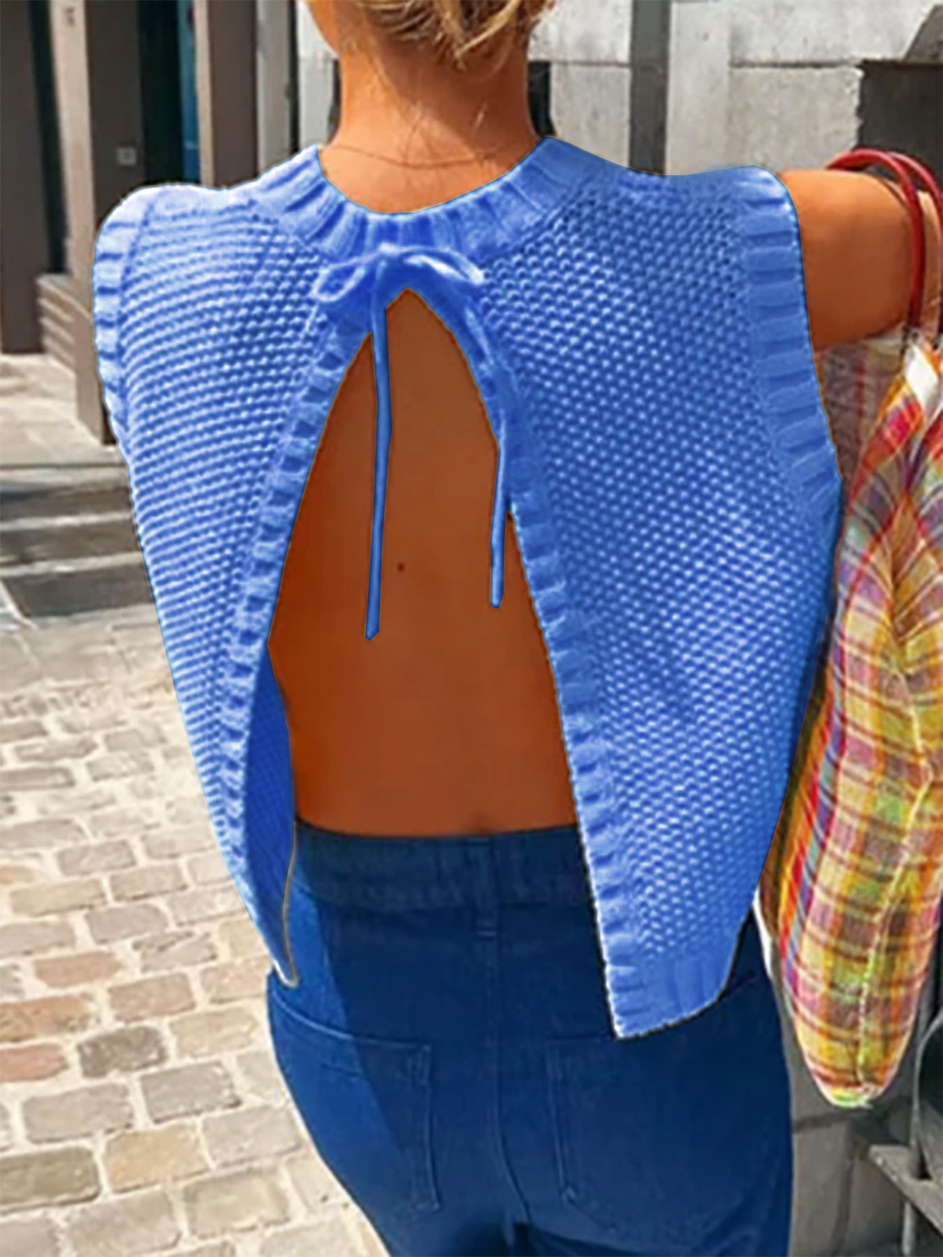 VVZ Women's Solid-Color Sweater Vest with Back Slit and Tie Detail