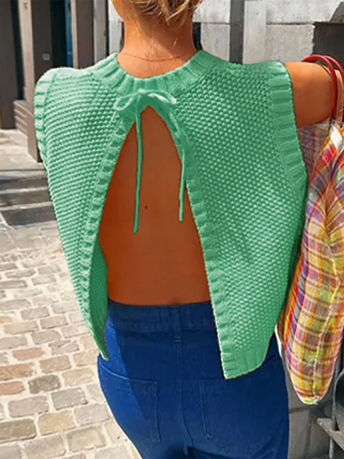 VVZ Women's Solid-Color Sweater Vest with Back Slit and Tie Detail