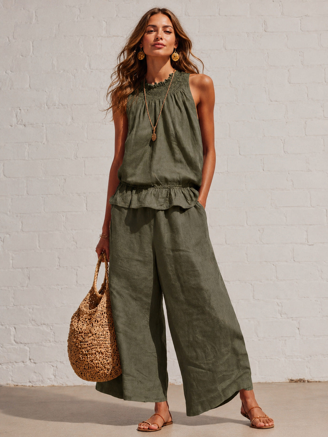 VVZ Women's Summer Solid-Color Casual Cotton-Linen Sleeveless Top and Trousers