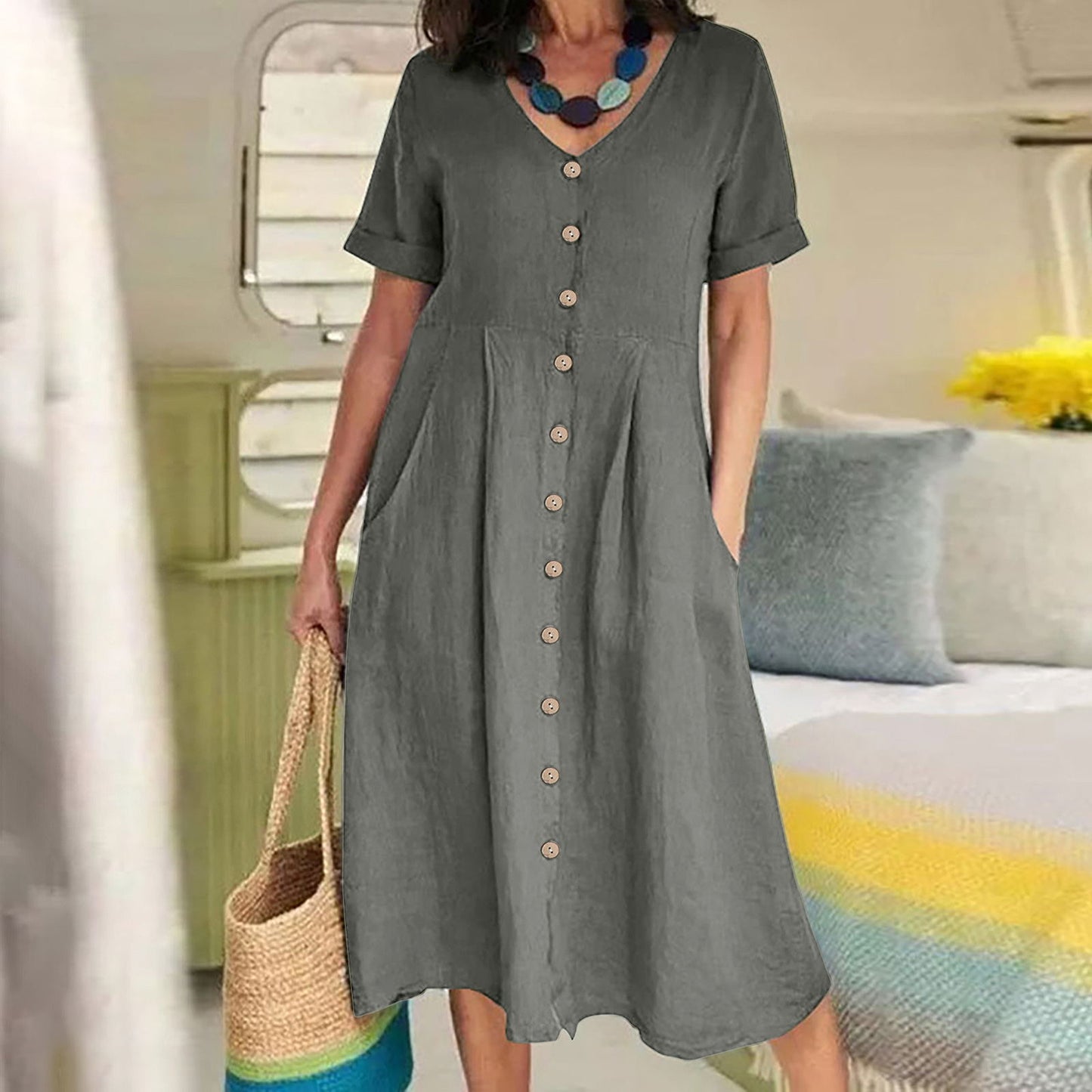 VVZ Women's Mid-Length Cotton-Linen Dress
