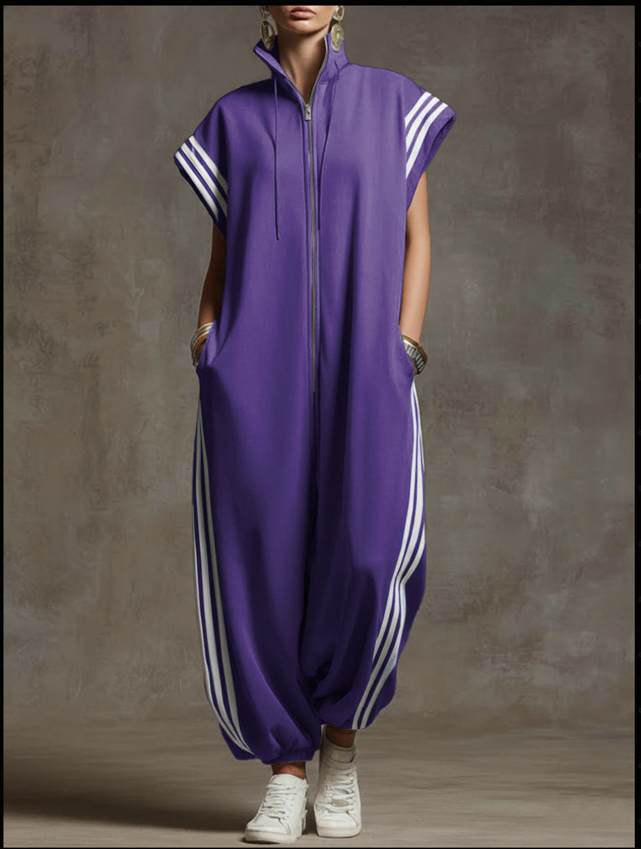VVZ Stylish Color-Block Striped Jumpsuit with Zip-Up Stand Collar
