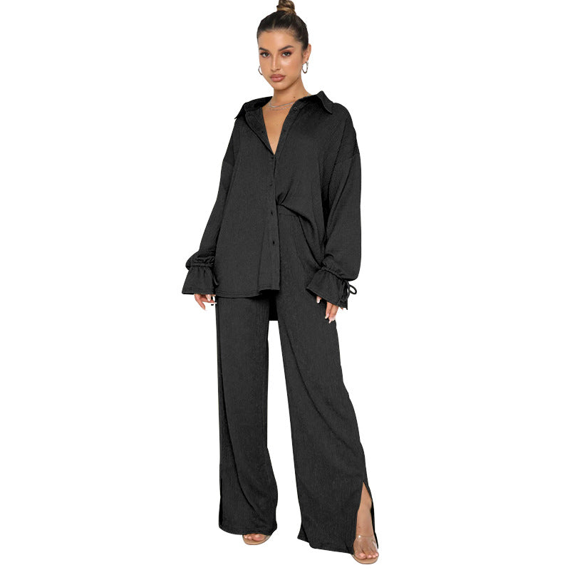 VVZ Women's Solid-Color Collared Button-Down Shirt and Slit-Hem Trousers Set
