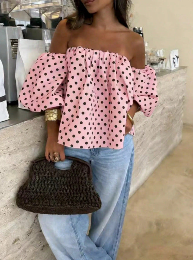 VVZ Women's Polka-Dot Color-Block Pleated One-Shoulder Top