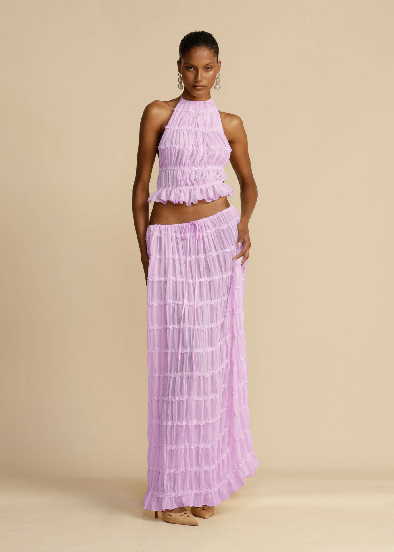 VVZ Sleeveless Ruched Halter Top and Long Skirt