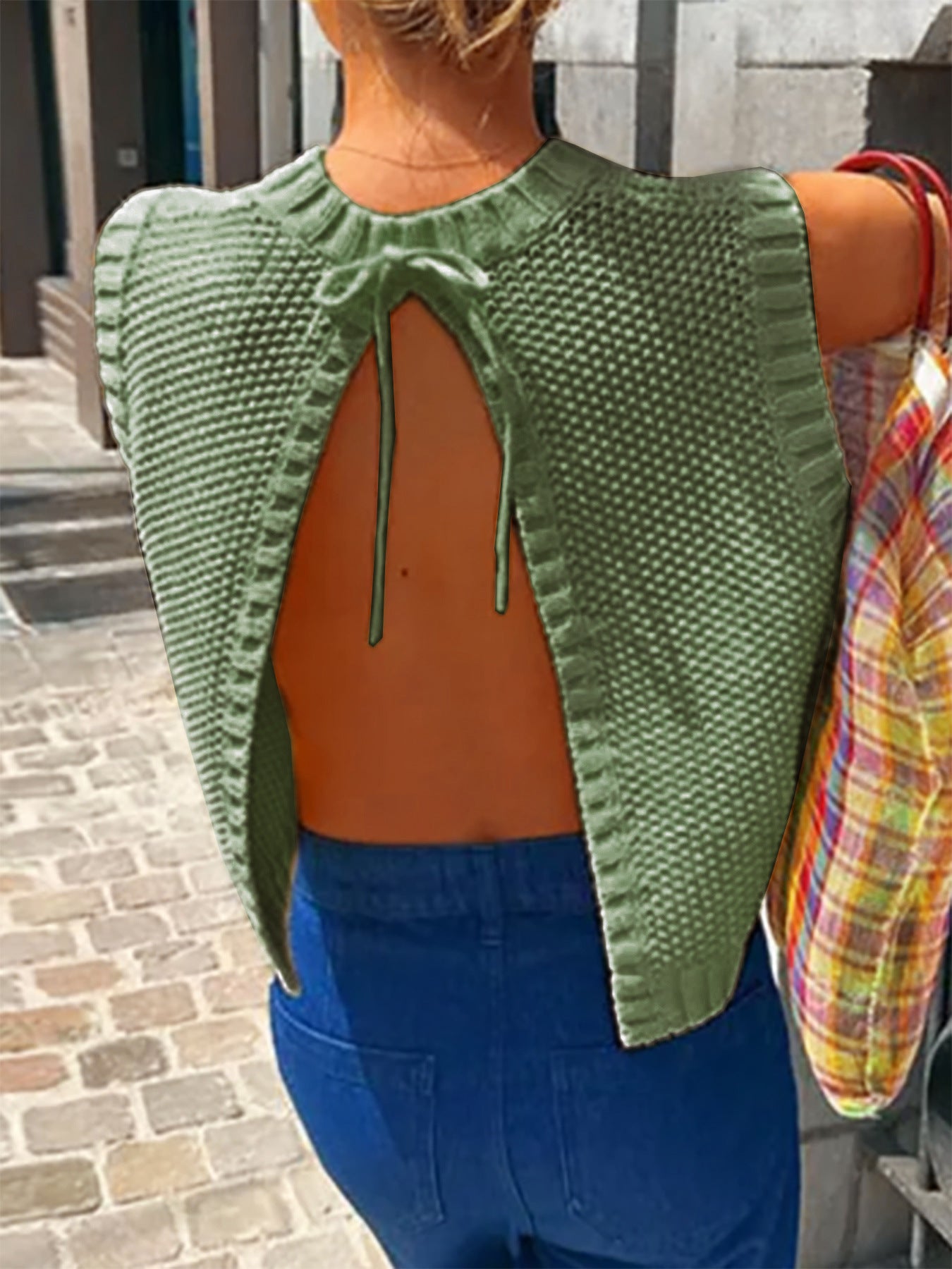 VVZ Women's Solid-Color Sweater Vest with Back Slit and Tie Detail