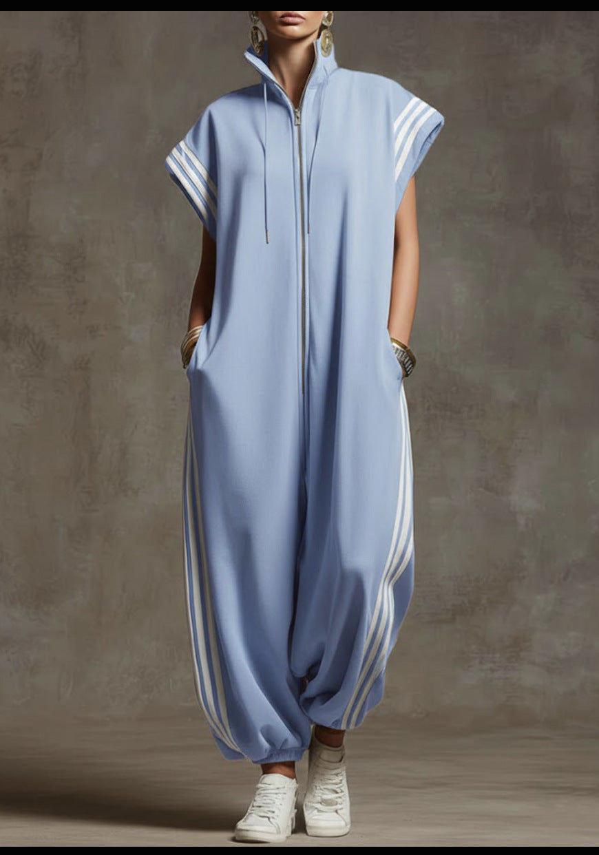 VVZ Stylish Color-Block Striped Jumpsuit with Zip-Up Stand Collar