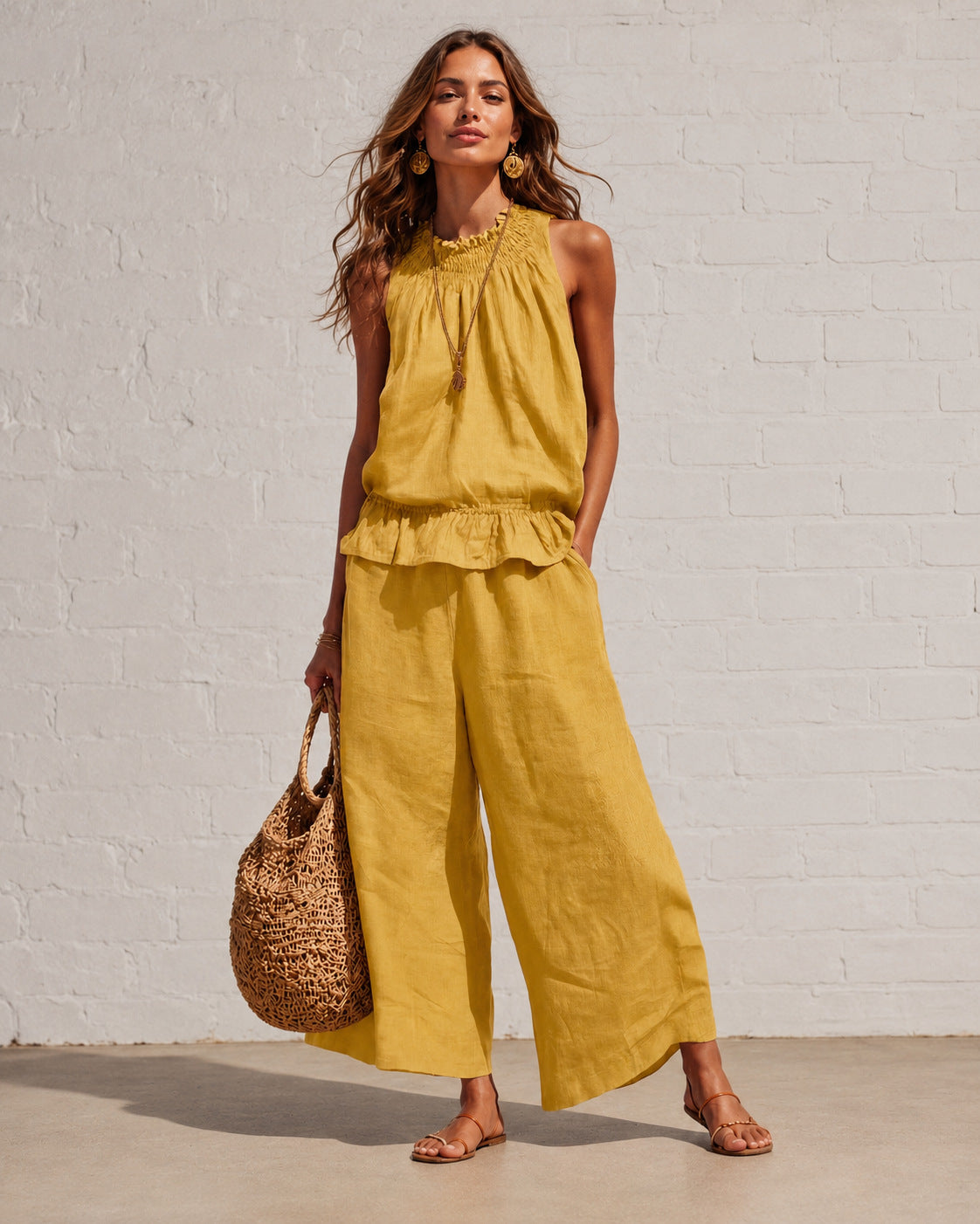 VVZ Women's Summer Solid-Color Casual Cotton-Linen Sleeveless Top and Trousers