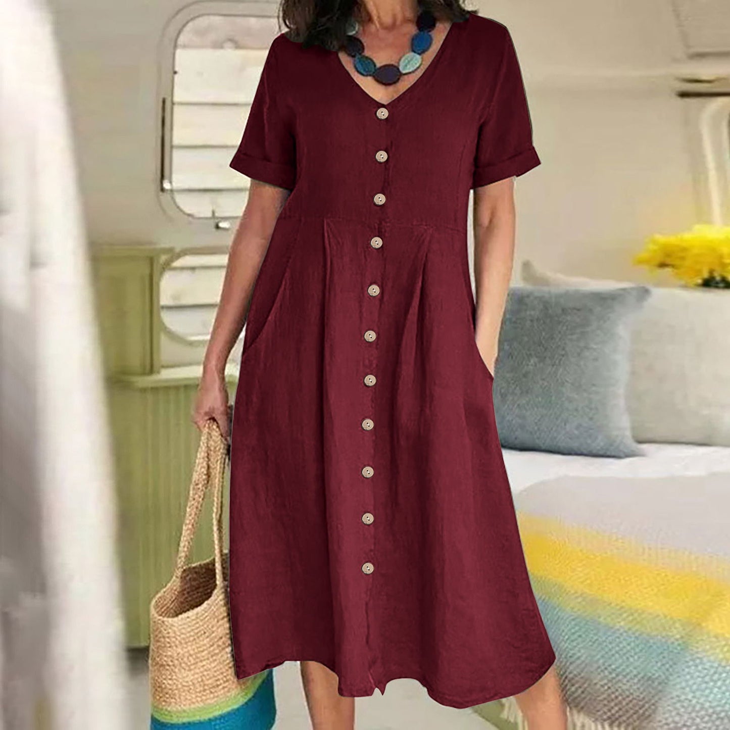 VVZ Women's Mid-Length Cotton-Linen Dress