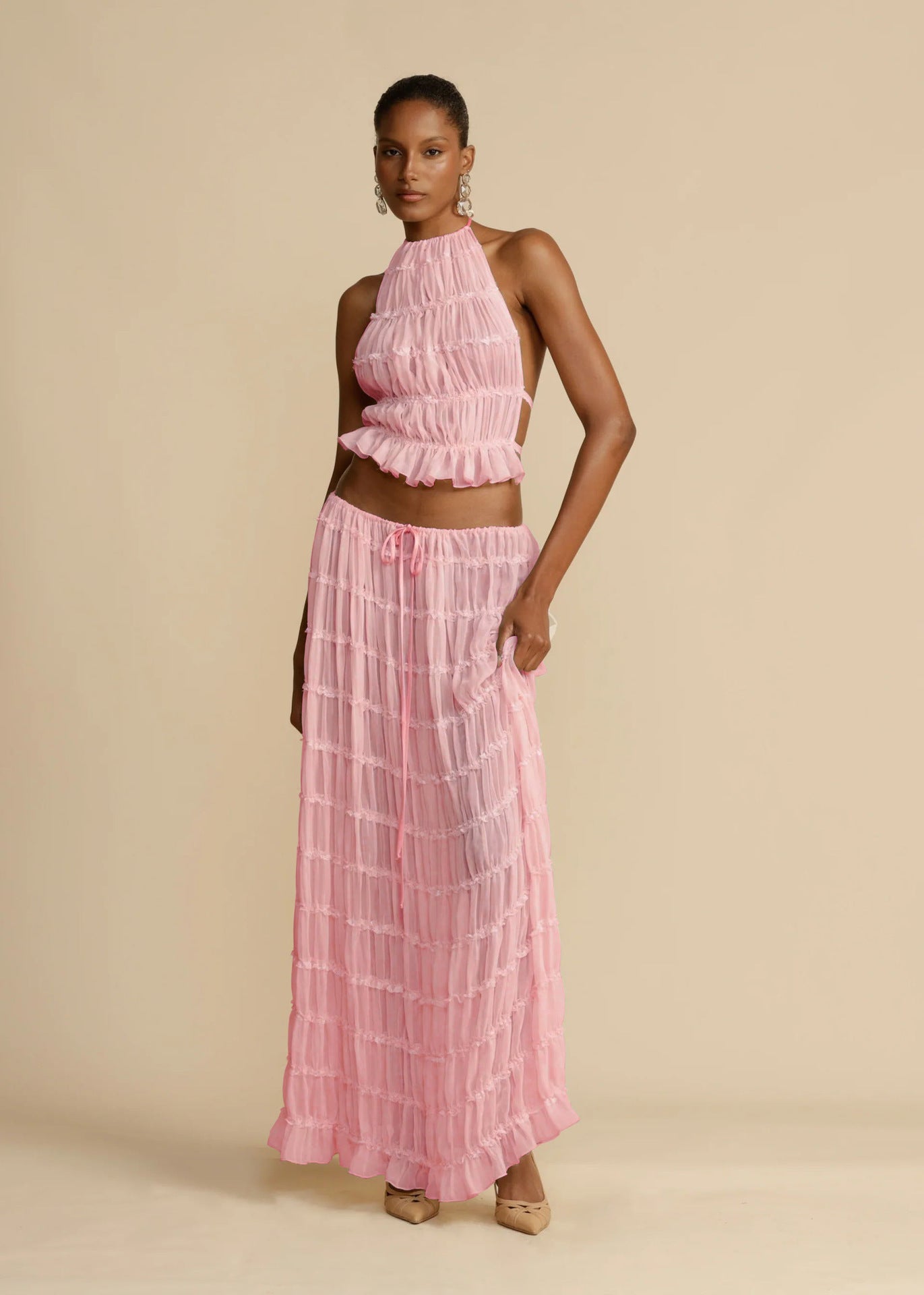 VVZ Sleeveless Ruched Halter Top and Long Skirt
