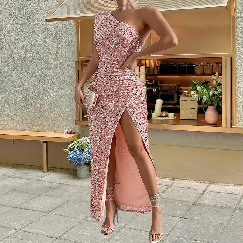 VVZ Women's Minimalist-Style Shimmering Sleeveless One-Shoulder Sequin Evening Gown with High Slit