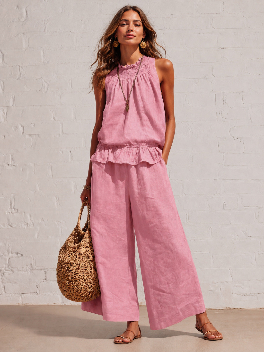 VVZ Women's Summer Solid-Color Casual Cotton-Linen Sleeveless Top and Trousers