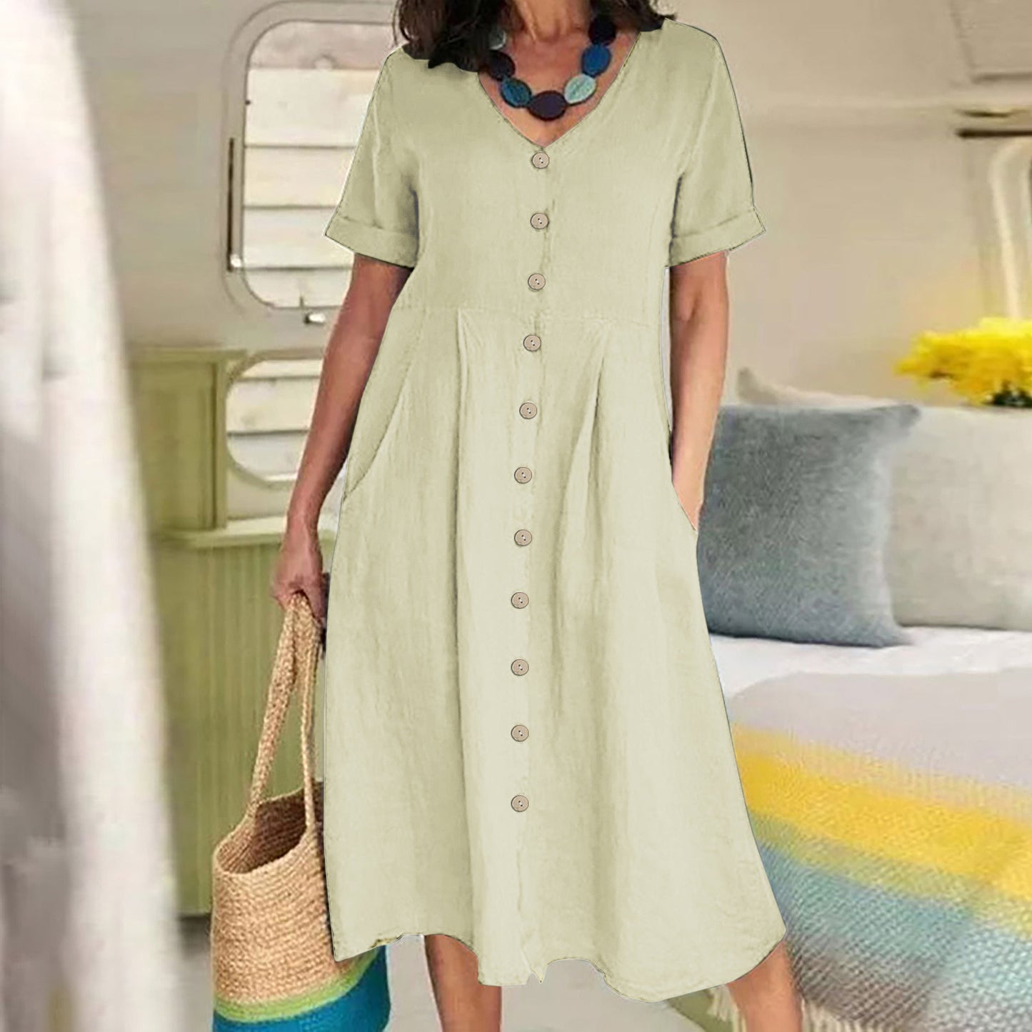 VVZ Women's Mid-Length Cotton-Linen Dress