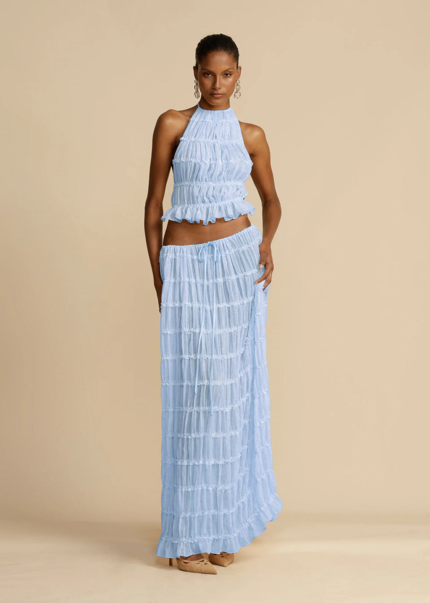 VVZ Sleeveless Ruched Halter Top and Long Skirt