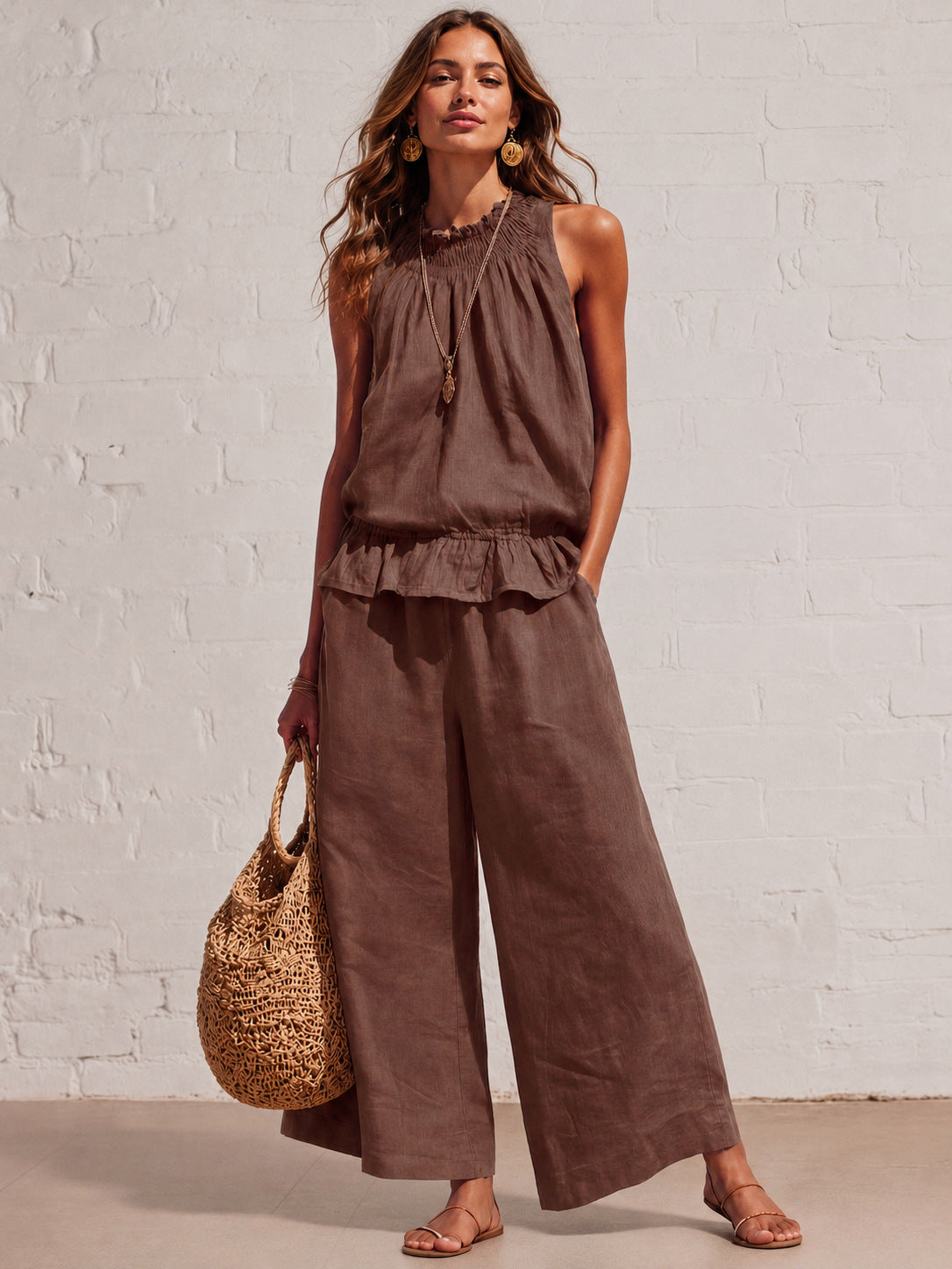VVZ Women's Summer Solid-Color Casual Cotton-Linen Sleeveless Top and Trousers