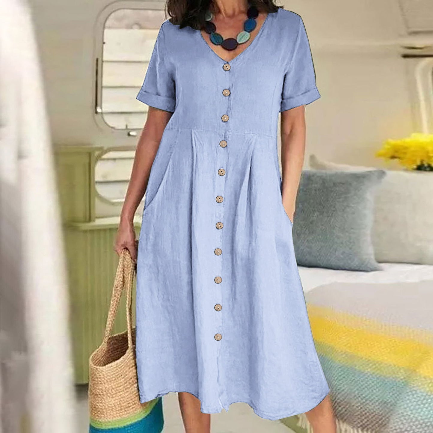 VVZ Women's Mid-Length Cotton-Linen Dress