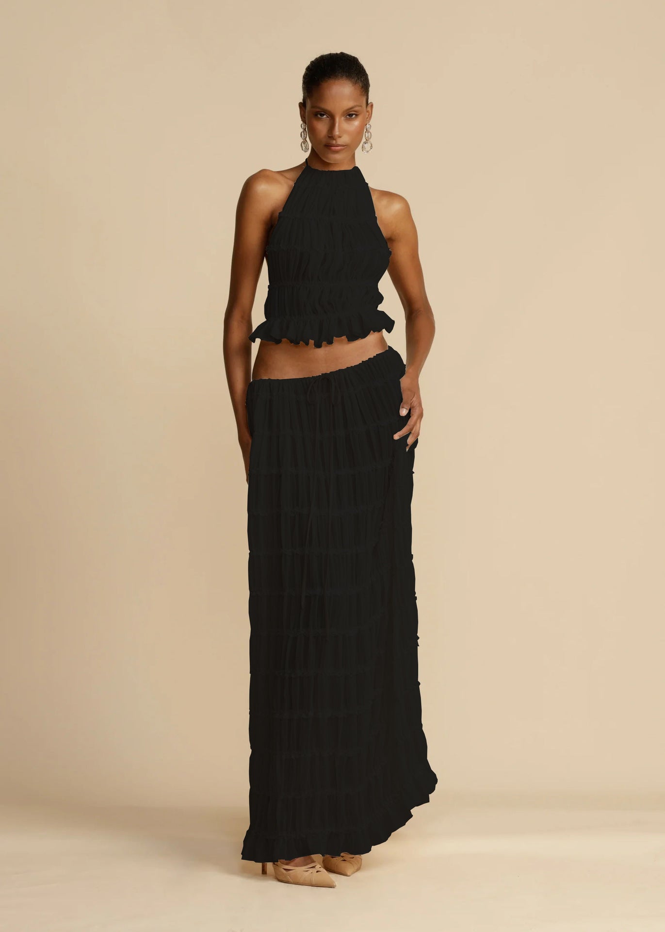 VVZ Sleeveless Ruched Halter Top and Long Skirt
