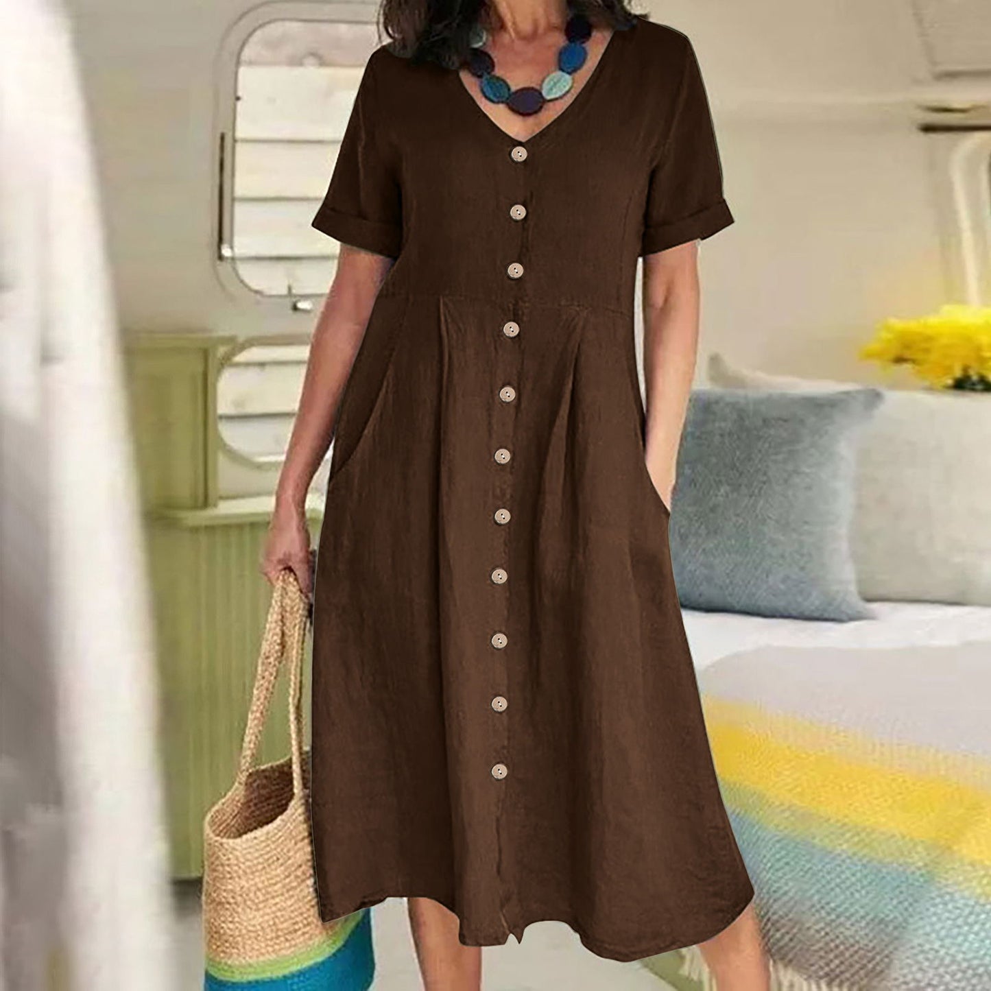 VVZ Women's Mid-Length Cotton-Linen Dress