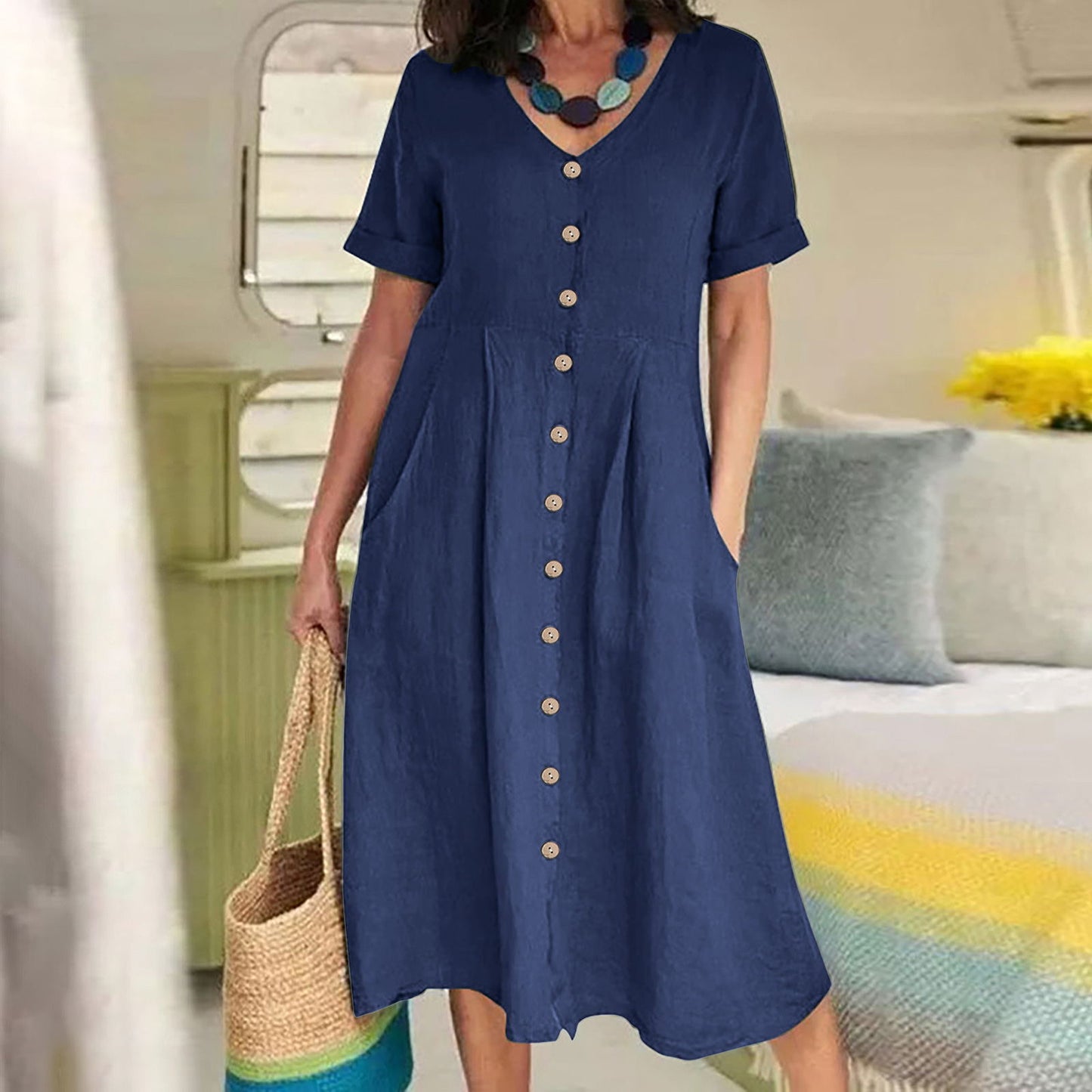 VVZ Women's Mid-Length Cotton-Linen Dress