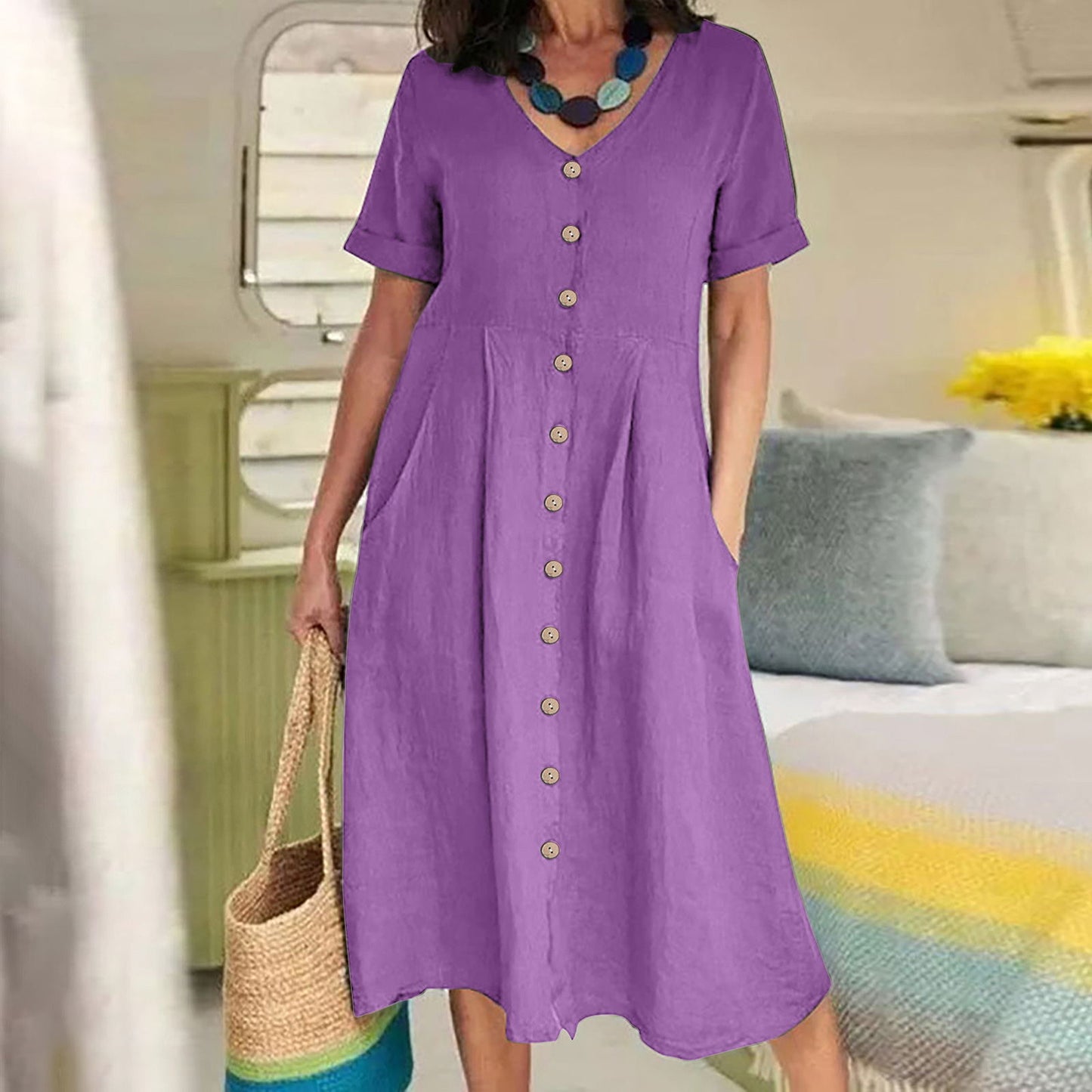 VVZ Women's Mid-Length Cotton-Linen Dress