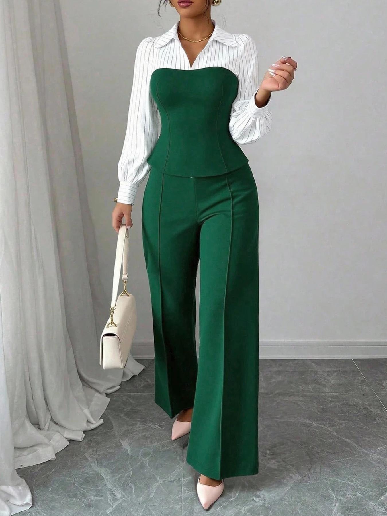 VVZ Women's Long Sleeve Colorblock Patchwork Shirt Set