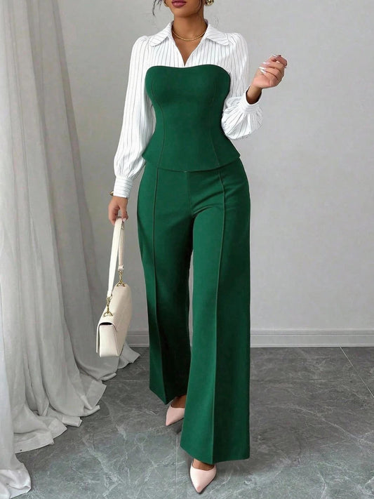 VVZ Women's Long Sleeve Colorblock Patchwork Shirt Set