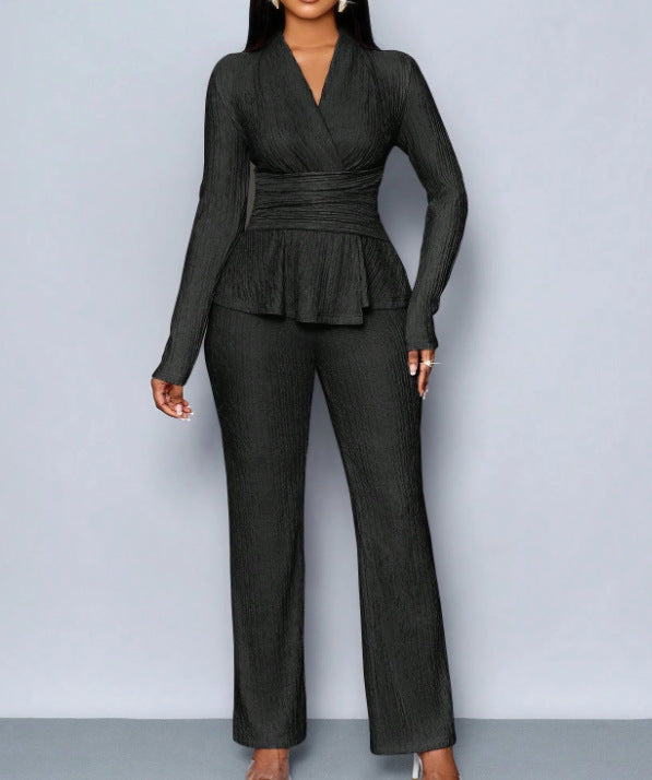 VVZ Women's  Elegant V-Neck Long Sleeve Asymmetrical Hem T-Shirt & Wide-Leg Pants Two Piece Set